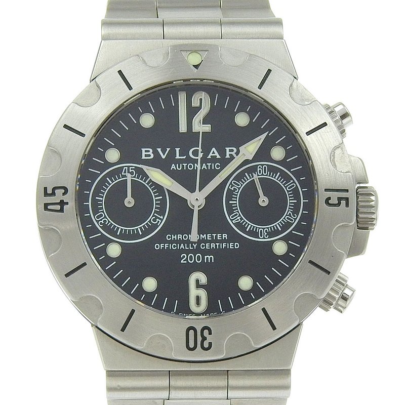 【日本直送】ブルガリ BVLGARI ディアゴノスクーバ 腕時計 SCB38S SS 自動巻き クロノグラフ 黒文字盤 メンズ【中古】 - 女錶 - 不鏽鋼 銀色