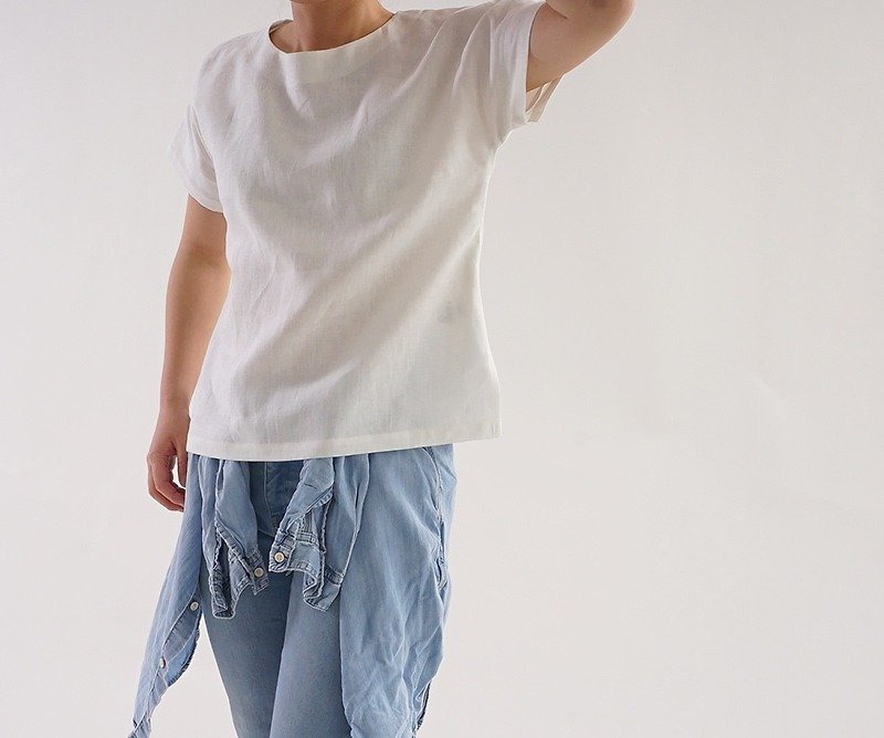 ベルギーリネン ドロップショルダー Tシャツ/ホワイト t001f-wht2 - 女 T 恤 - 棉．麻 白色