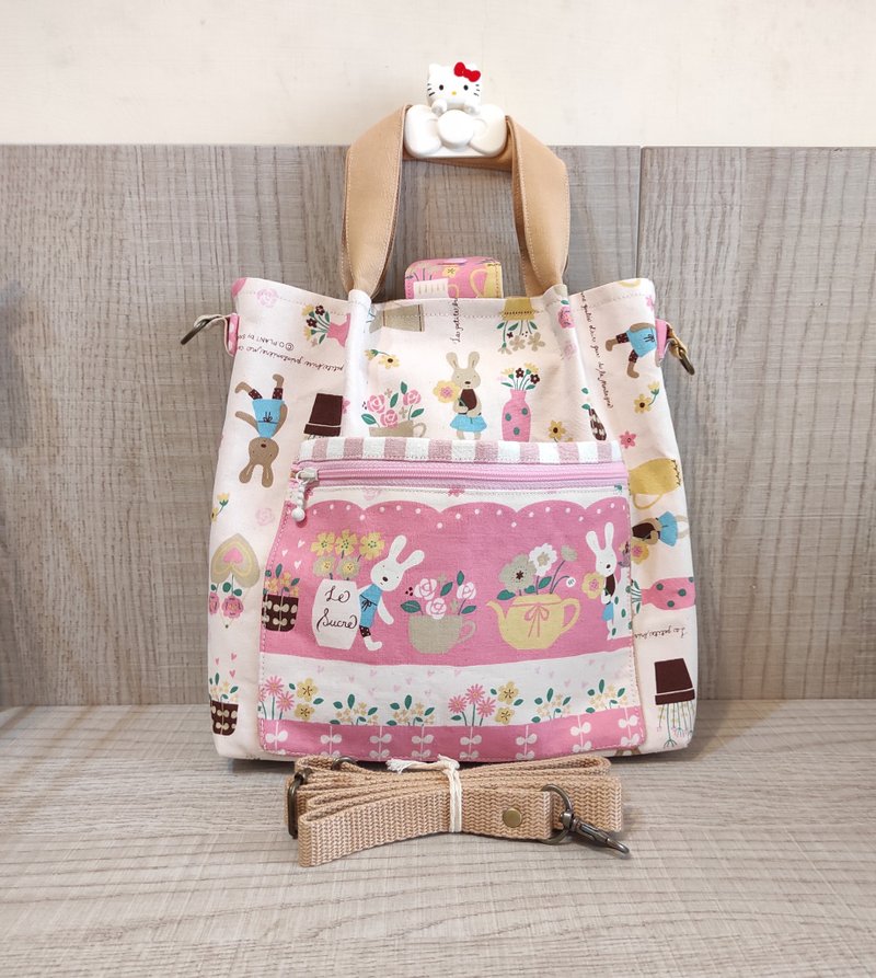 多功能斜背手提兩用包-法國兔 - 側背包/斜背包 - 棉．麻 