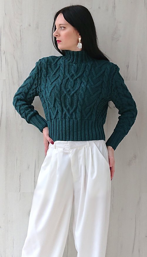 Scarlet Sails Shop Aran sweater Cropped knit sweater Turtleneck sweater Green sweater