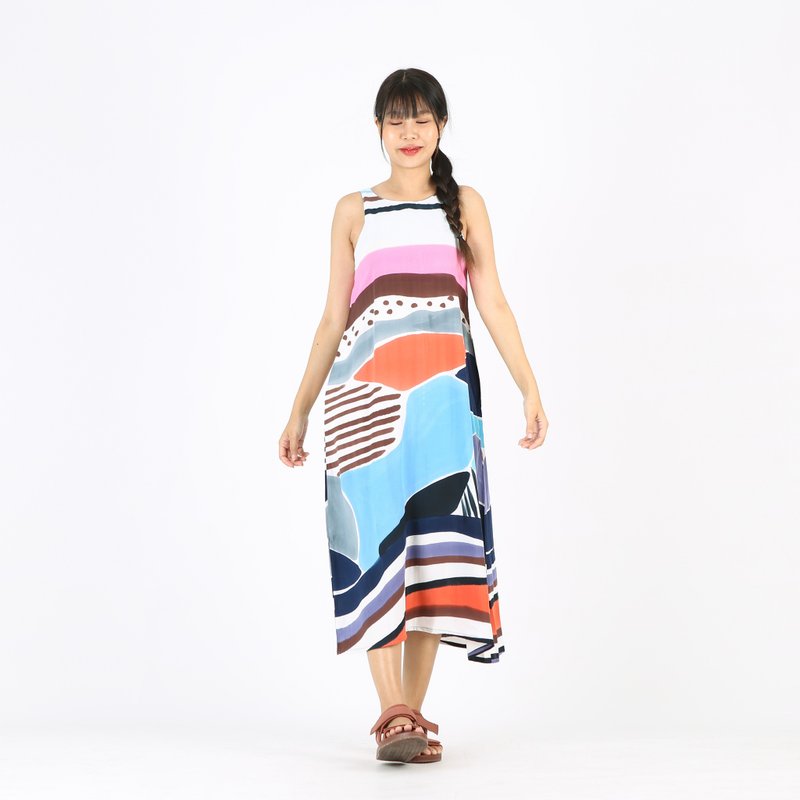 Long Dress Zip Cotton Rayon Hand Paint Free size - One Piece Dresses - Cotton & Hemp Blue