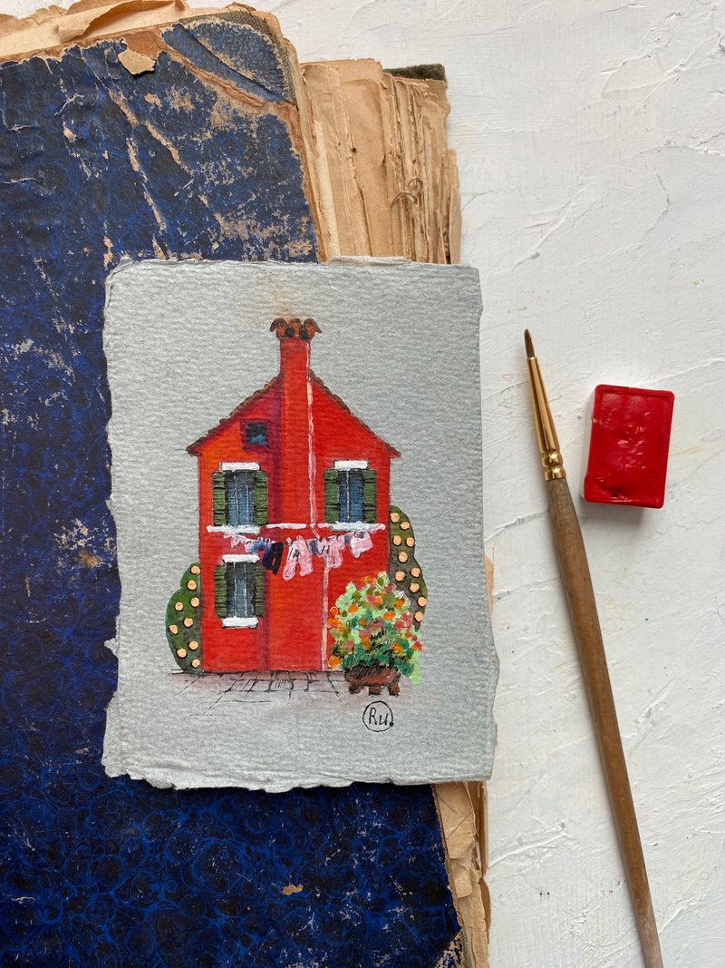 Burano house Mini Original art Watercolor on handmade paper by Rubinova - Posters - Paper Red