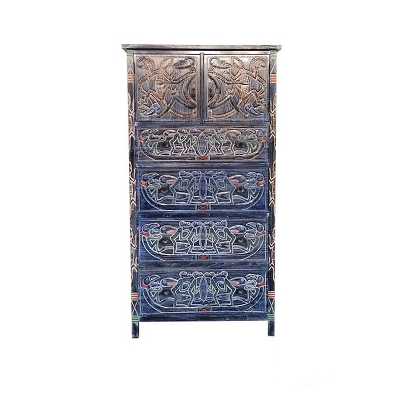 JatiLiving | Dragon Boat Totem Painted Large Cabinet - Blue South Sea Totem AKBC001 - ตู้เสื้อผ้า - ไม้ สีนำ้ตาล