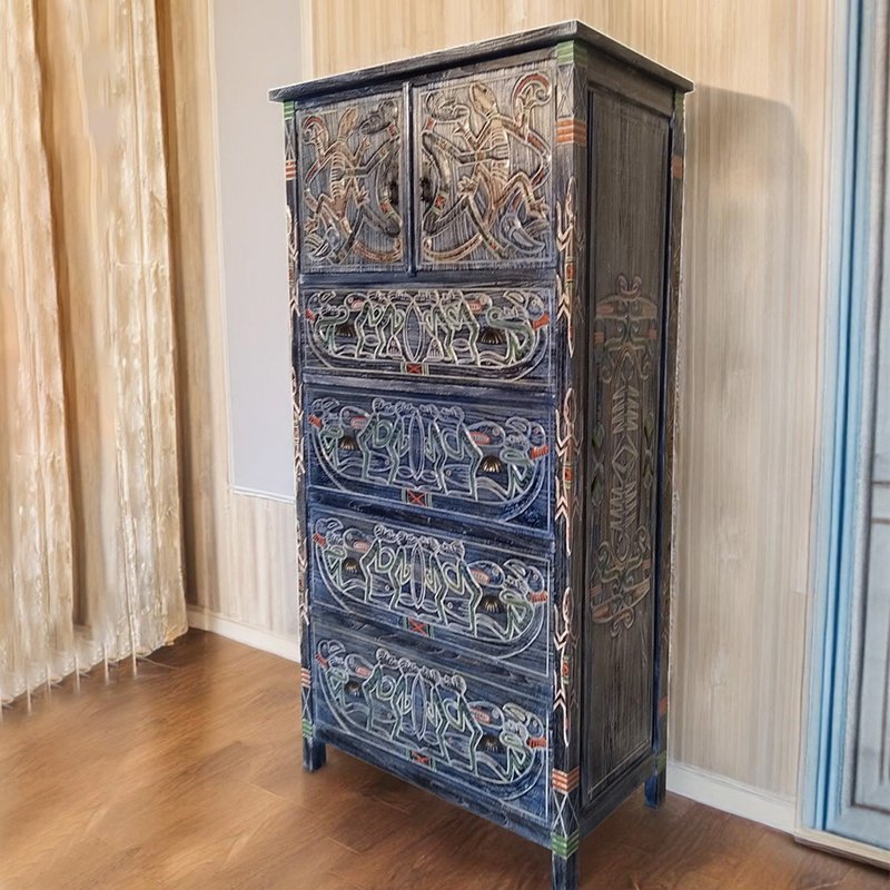 JatiLiving | Dragon Boat Totem Painted Large Cabinet - Blue South Sea Totem AKBC001 - ตู้เสื้อผ้า - ไม้ สีนำ้ตาล