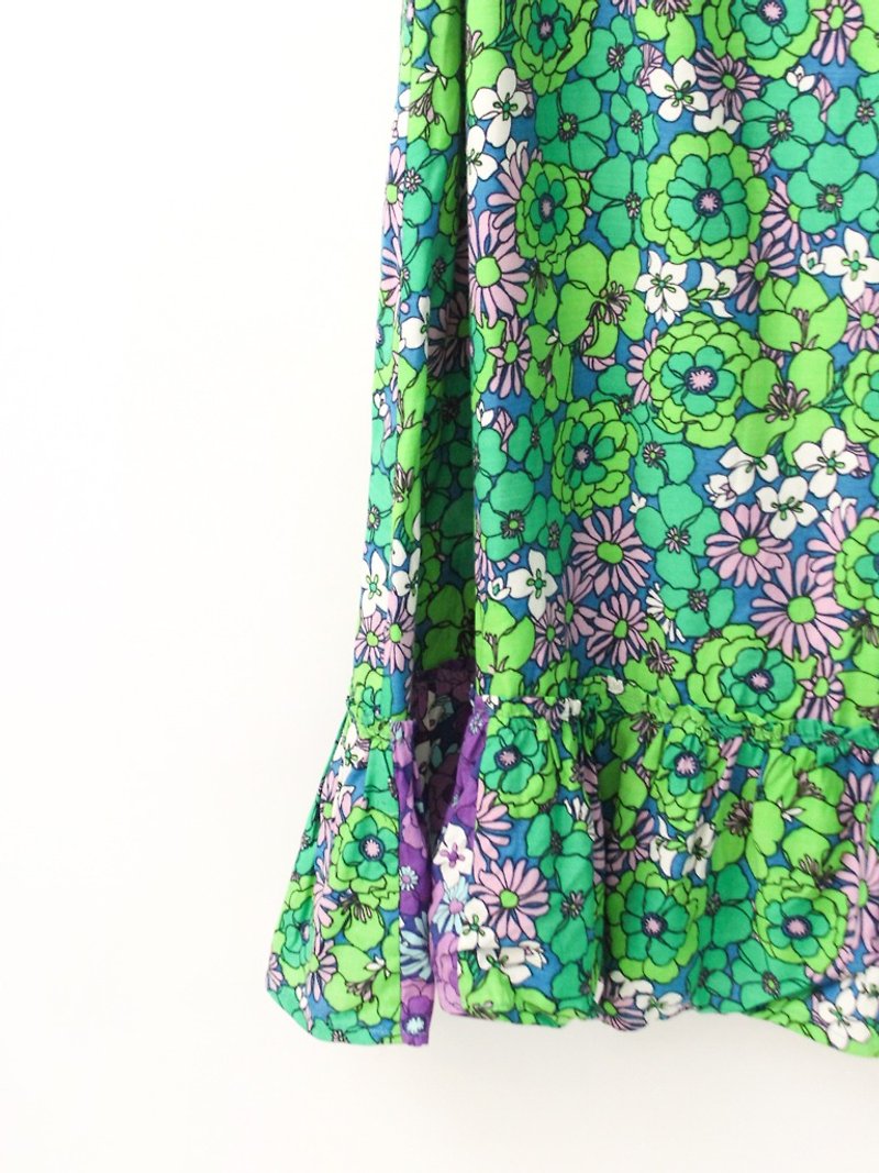 Retro European Garden Floral 70s Green Flower Vintage Dress European Vintage Skirt - กระโปรง - เส้นใยสังเคราะห์ สีเขียว