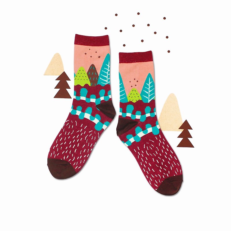 杉木林小徑 棉質中筒襪 - 襪子 - 酒紅 - 襪子 - 棉．麻 紅色