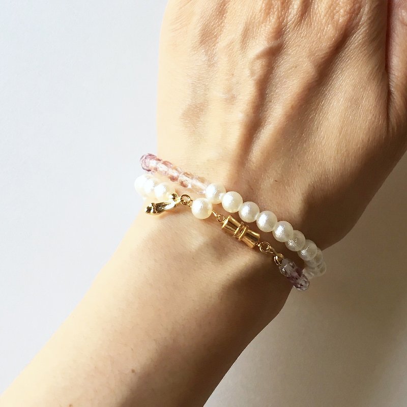 Light Czech beads and cotton pearl double concert bracelet 4 - Bracelets - Plastic White