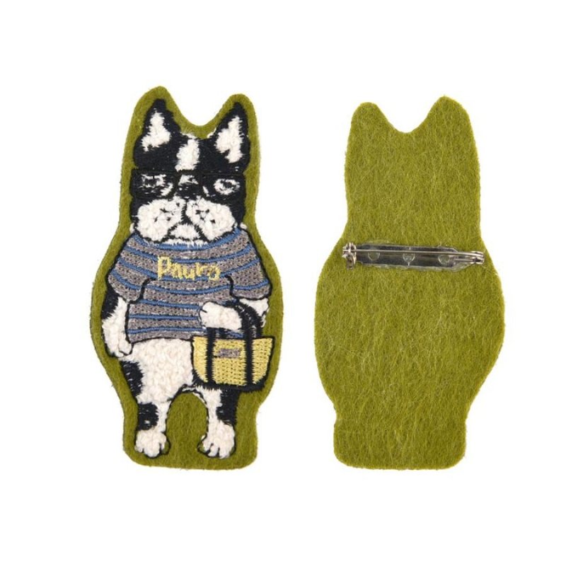 Kusuguru Japan 胸針 別針 日本相良刺繡絨毛立體造型-鬥牛犬綠色 - 胸針 - 聚酯纖維 綠色