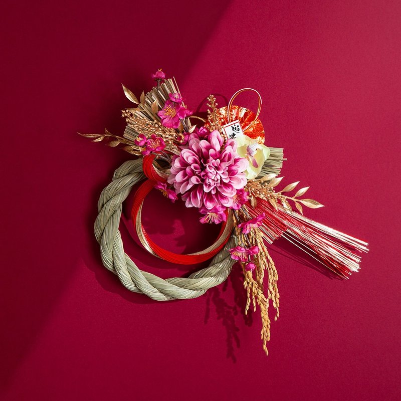 Japanese-style red gold water lead rope with rope for New Year's luck and simulated flowers to pray for New Year's blessings - ช่อดอกไม้แห้ง - พืช/ดอกไม้ 