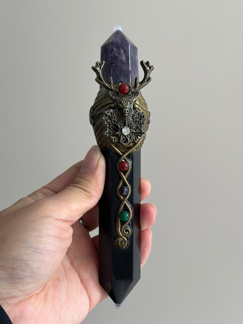 孤品僅一件手工製作黑曜石紫水晶魔法棒水晶療愈擺件驅逐負能量 - 擺飾/家飾品 - 水晶 黑色