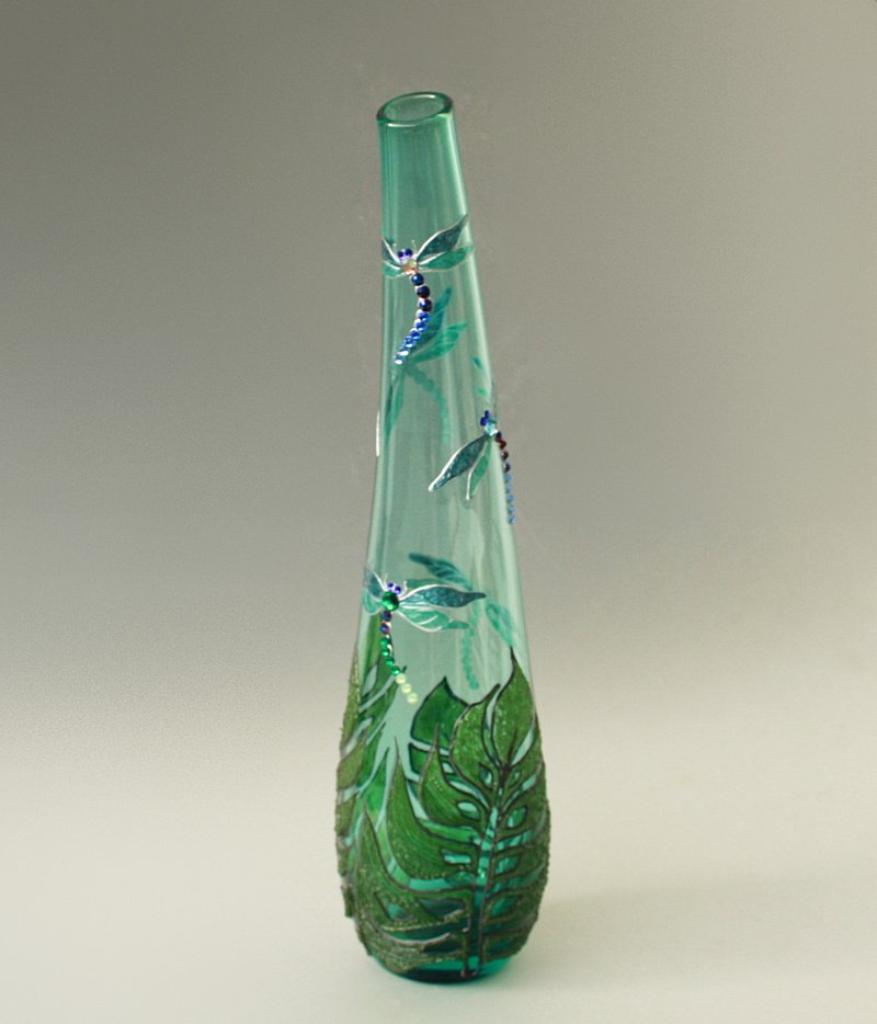 Dragonfly Glass Vase Green Swarovski Crystals Hand-painted - Items for Display - Glass Green