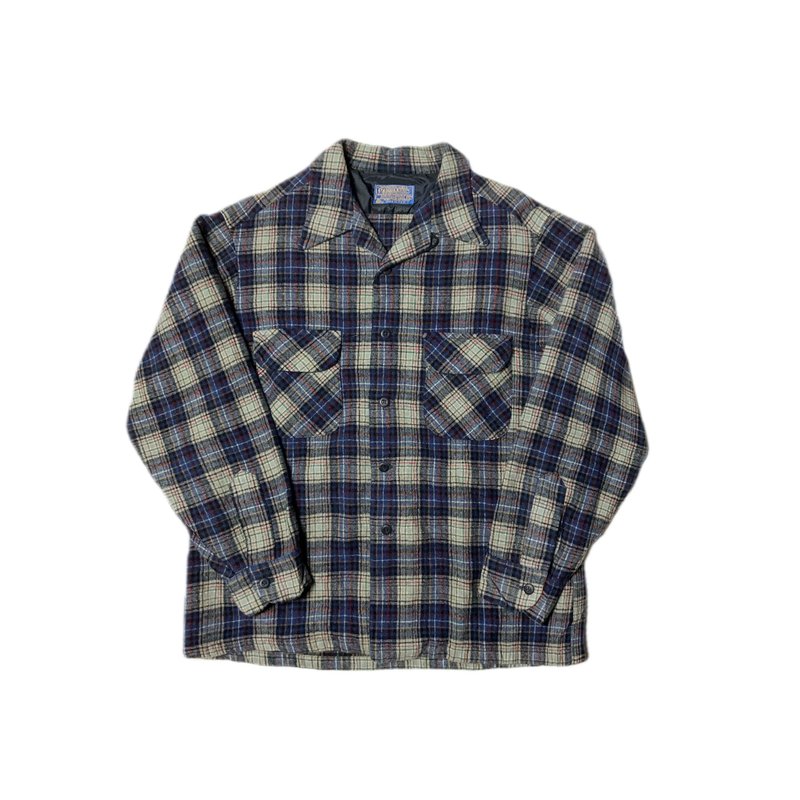 古著 70s Pendleton 羊毛深藍色格紋襯衫 - 男襯衫/休閒襯衫 - 羊毛 藍色