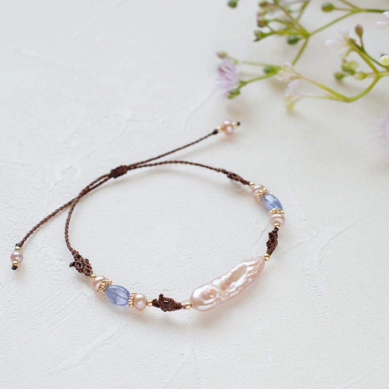 巴洛克珍珠 坦桑石 編織手環 - 手鍊/手環 - 聚酯纖維 咖啡色