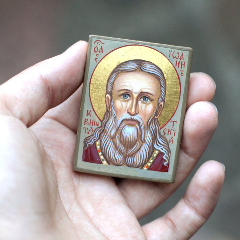 hand painted orthodox wood icon Saint John of Kronstadt miniature art - Other - Wood Khaki