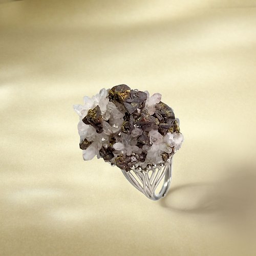 WANZAMGOK 白水晶共生金屬礦 活口戒指 隨形原石標本 礦物手工指環 S925銀