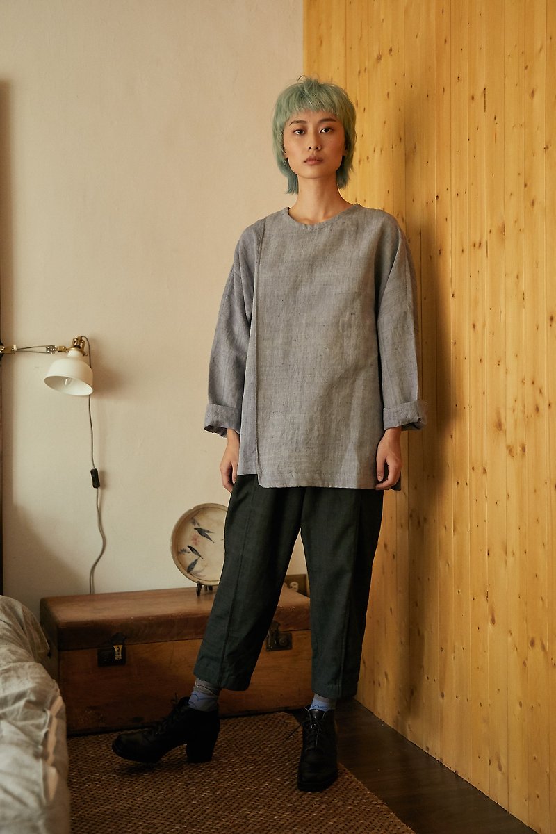 long sleeve top linen Cotton-taro-Fair Trade - เสื้อเชิ้ตผู้หญิง - ผ้าฝ้าย/ผ้าลินิน สีกากี