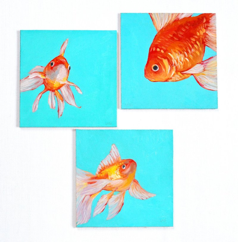 Gold Fish Set of 3 Original oil Painting Koi Fish Art 13x13cm - Illustration, Painting & Calligraphy - Other Materials Orange