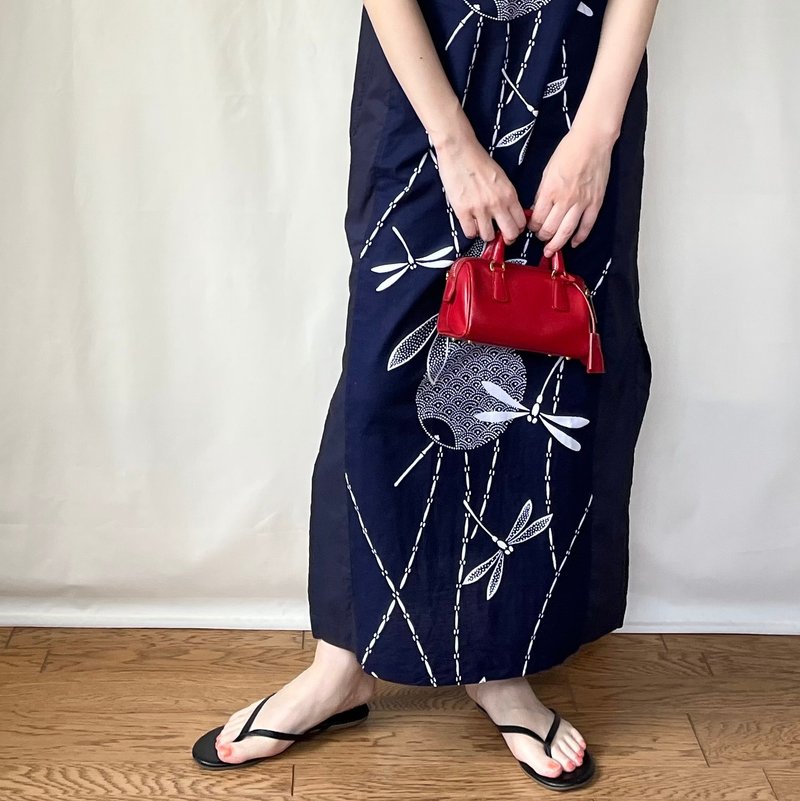 Yukata eyeliner dress with dragonfly pattern in navy blue. Made to order - One Piece Dresses - Cotton & Hemp Blue