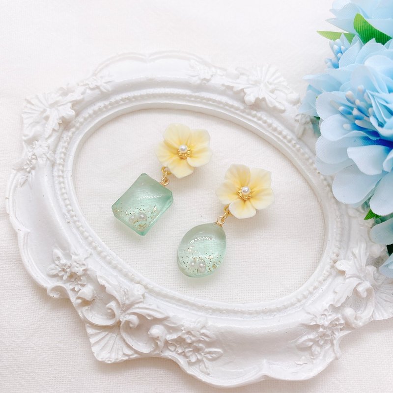 翡翠花耳環 | 黏土耳環 - 耳環/耳夾/耳骨夾 - 黏土 綠色
