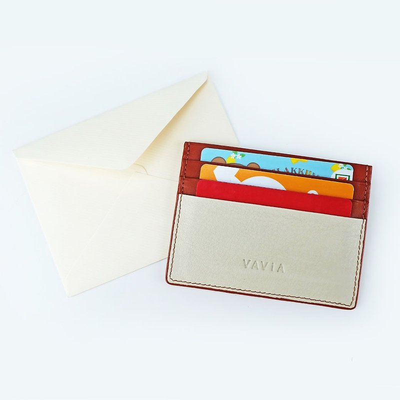 Milk Tea color Cow Leather Card Holder (White&Red Brown Trim) - Wallets - Genuine Leather Brown