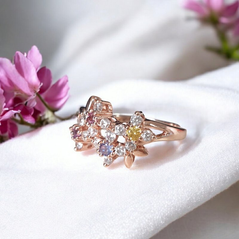Flower lover ring, Multi-color gemstone and White topaz, Silver925 setting - 戒指 - 寶石 多色