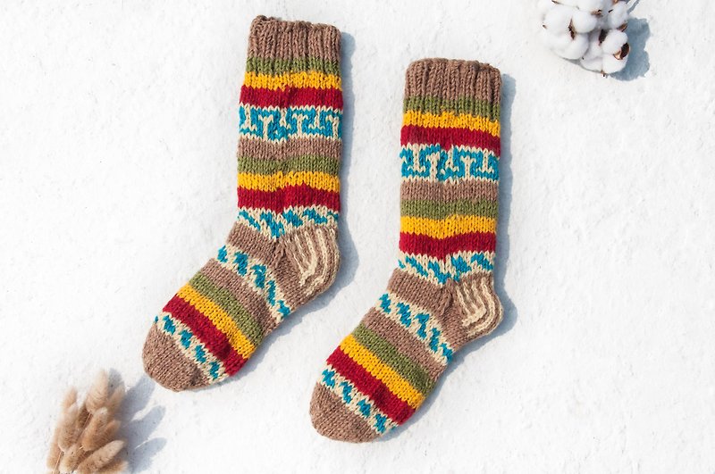 手織羊毛針織襪/條紋襪/羊毛鉤織長襪/保暖毛襪-墨西哥沙漠色彩 - 襪子 - 羊毛 多色