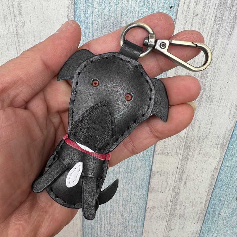 Healing small things black cute Taiwan native dog hand-stitched leather keychain small size - Keychains - Genuine Leather Black