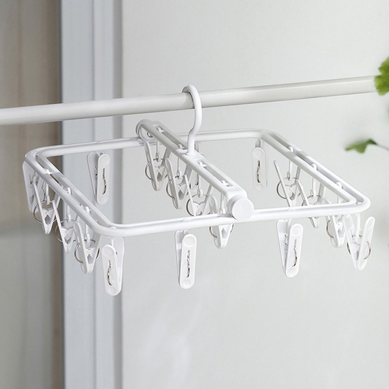 Lazy corner multifunctional folding windproof clothes hanger (18 clips) - 3 pieces - Hangers & Hooks - Plastic White