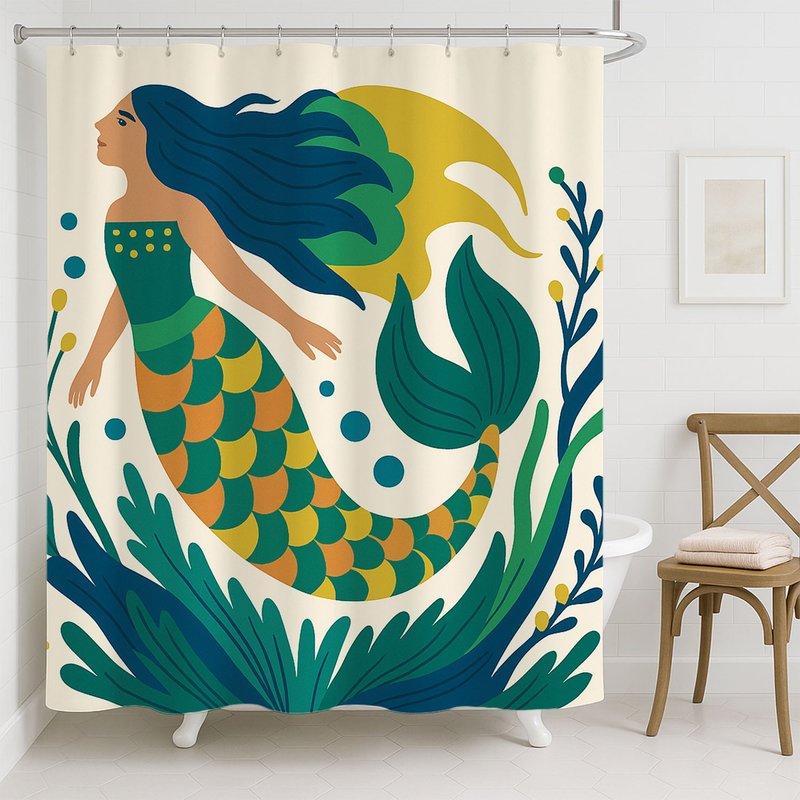 美人魚Mermaid綠色浴簾衛生間乾濕分離防水布簾免打孔套裝淋浴隔 - 衛浴用品/浴室收納 - 聚酯纖維 綠色