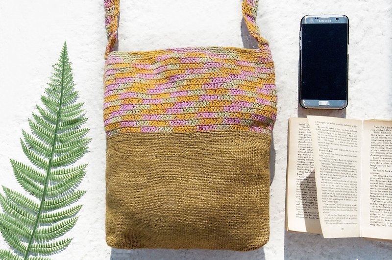 Natural cotton Linen crocheted lightweight bag / oblique backpack / shoulder bag / shoulder bag / shopping bag / bags - Rainbow yellow mustard - กระเป๋าแมสเซนเจอร์ - ผ้าฝ้าย/ผ้าลินิน หลากหลายสี
