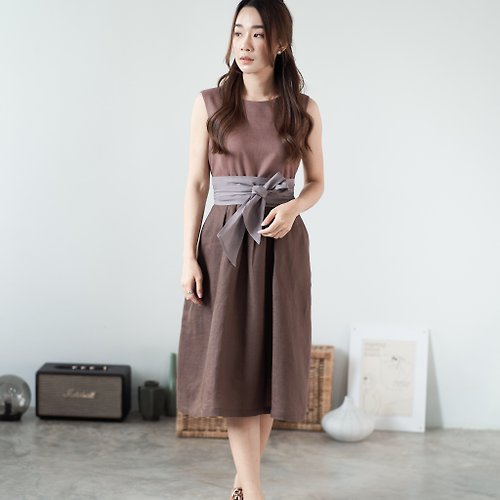 Candith Natural Linen Multi Colors Dress Minimal Dress with Sash - Brown
