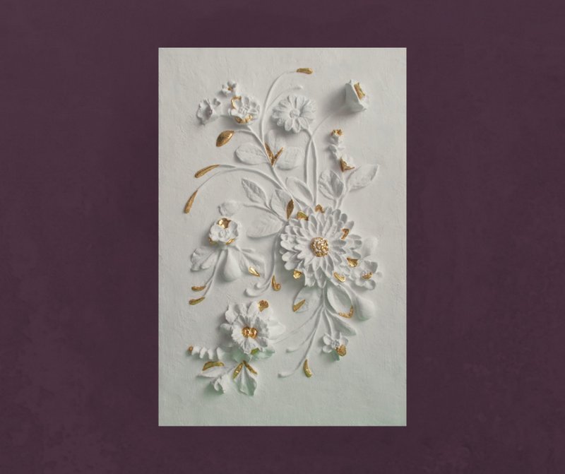 Sculptural wall art Gold and White bas-relief Botanical artwork Flowers 3d - ตกแต่งผนัง - วัสดุอื่นๆ หลากหลายสี