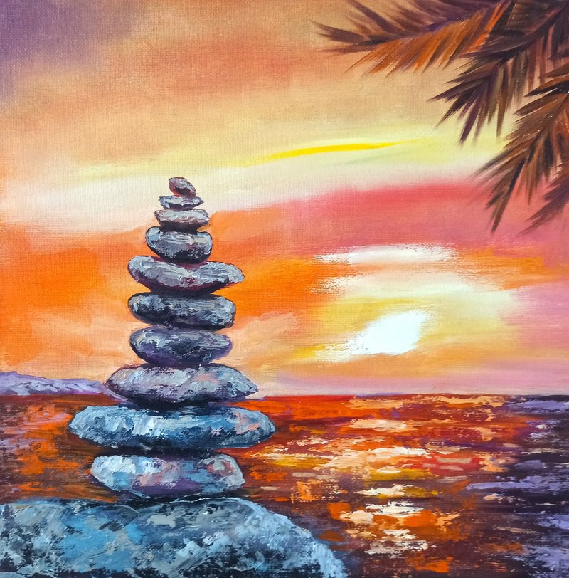 Harmony at Sunset Oil Painting Seascape Original Art on Canvas Board 30x30cm - 海報/掛畫/掛布 - 其他材質 