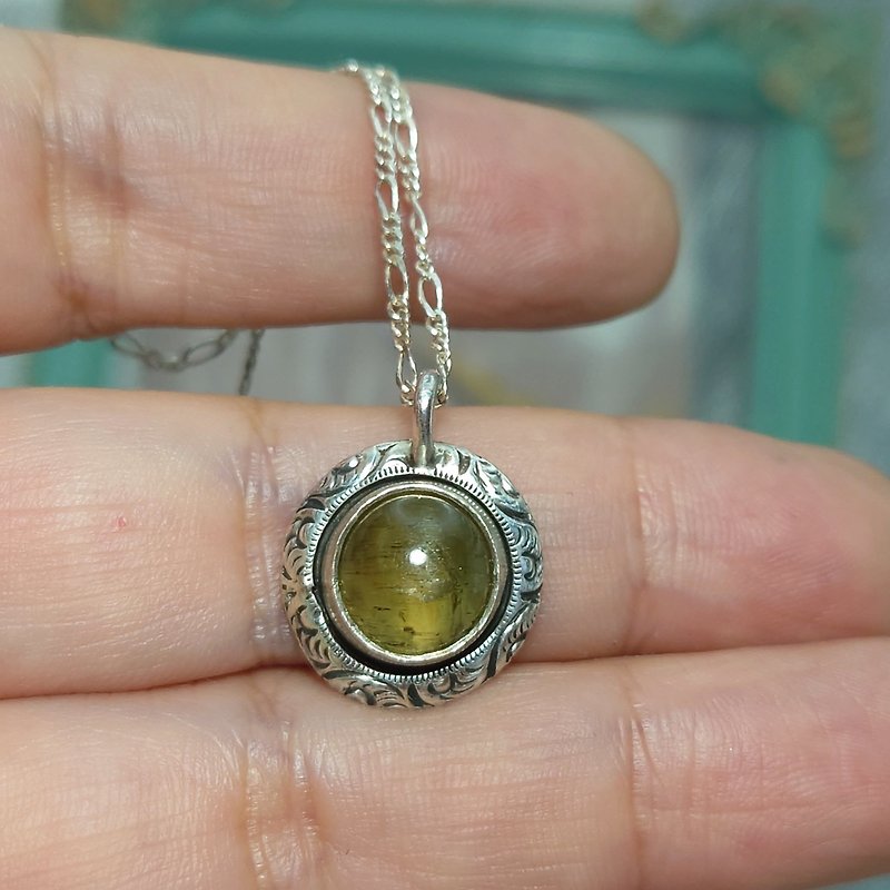 墜子 磷灰石 微貓眼 黃綠色 項鍊 懷舊古典感 925銀飾 寶石 飾品 - 項鍊 - 寶石 
