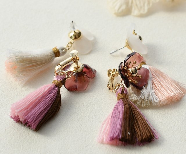 花びらタッセルピアス・イヤリング /梅ピンク - ショップ tassel de