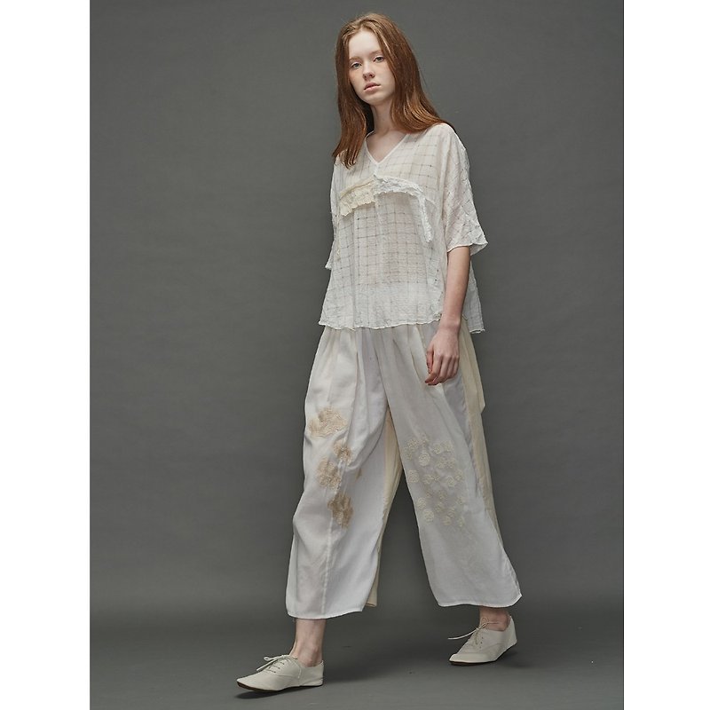 1701E2112 (leisure embroidery wide pants) - Women's Pants - Cotton & Hemp 