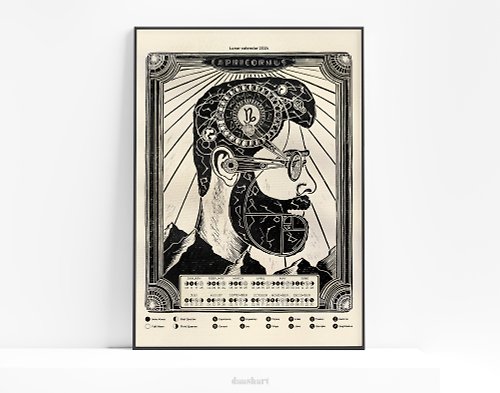 daashart Personalized zodiac sign Lunar calendar 2024 poster with Male portrait Printable
