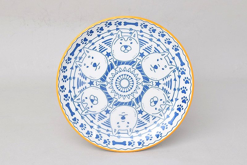 【日本SHINA CASA】柴犬圈圈圖樣-16cm黃邊藍線條圓盤/淺盤/蛋糕盤 - 小碟/醬油碟 - 瓷 藍色