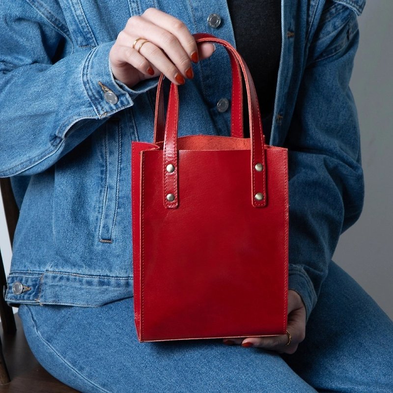 Mini Bag Genuine Leather Mini Tote Women's Shoulder Bag 2Way Bag Scarlet HAB037 - กระเป๋าถือ - หนังแท้ หลากหลายสี