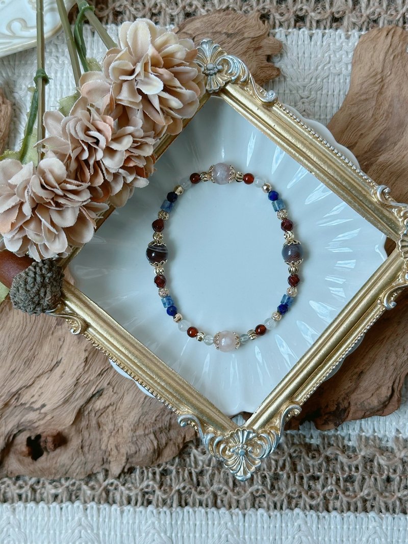 アンティーク青花磁器 l 桜アゲート 縞瑪瑙 ラブラドライト ガーネット ラピスラズリ クリスタルブレスレット - ブレスレット - クリスタル ブルー