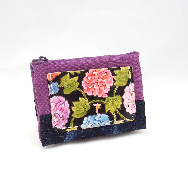 Vegetable tanned leather wine bag cloth multi-layer coin purse peony - Coin Purses - Genuine Leather Purple