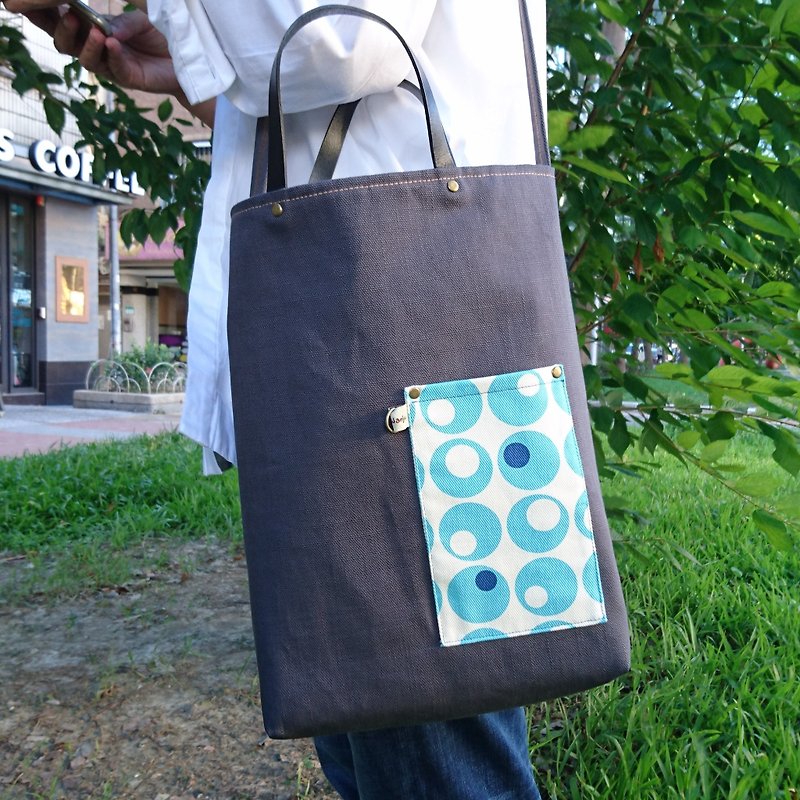 Grey lined blue canvas double bread/ Wenqing bag/ Handbag/ Shoulder bag - Messenger Bags & Sling Bags - Cotton & Hemp Gray