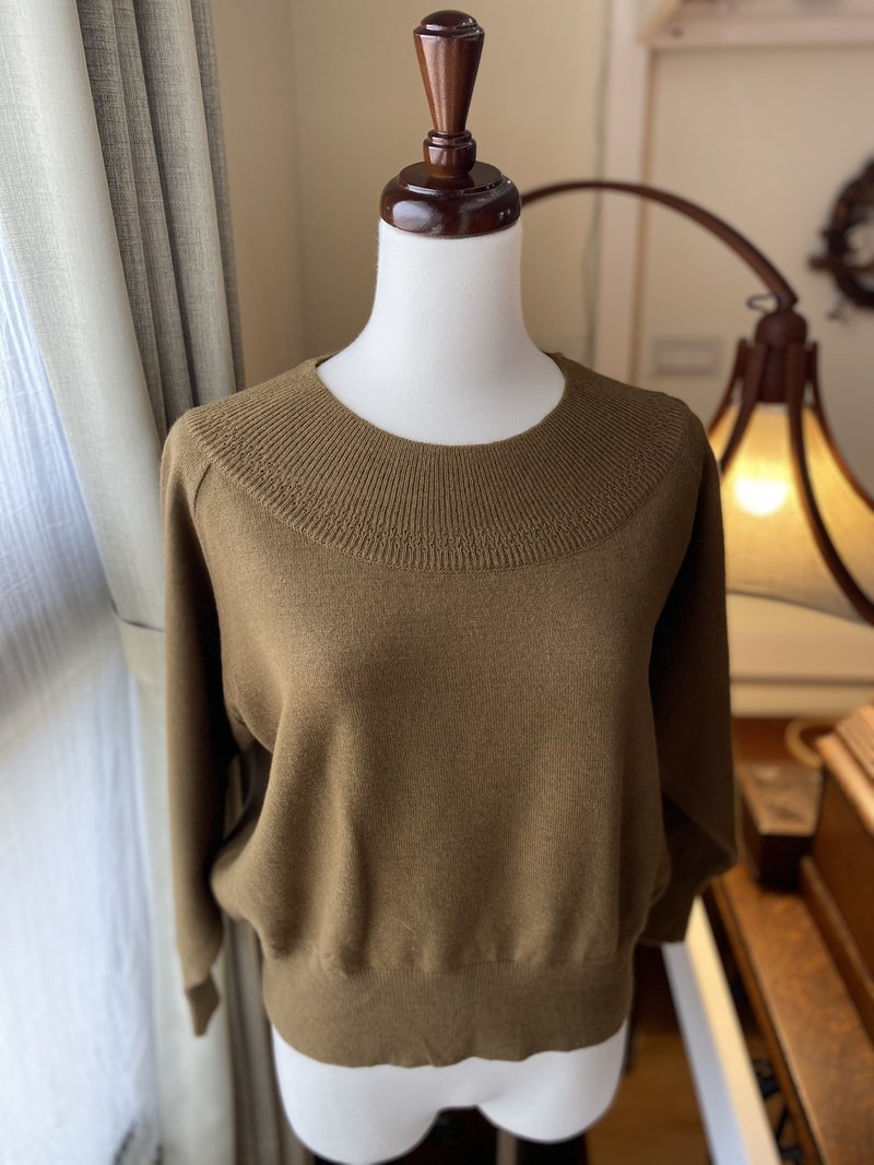 棕色頸部羅紋編織古著毛衣日本製 - 女毛衣/針織衫 - 羊毛 卡其色
