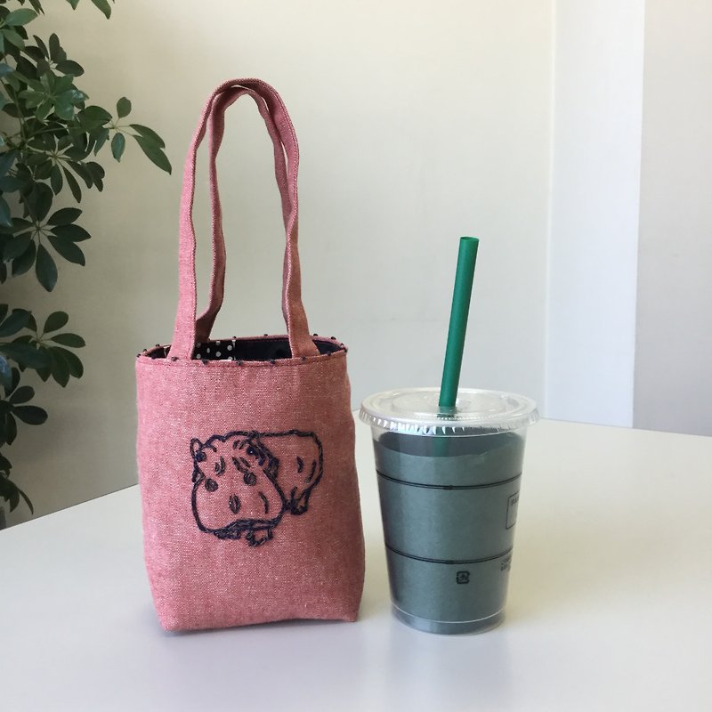Cafe bag hippo mini tote - กระเป๋าถือ - ผ้าฝ้าย/ผ้าลินิน สีแดง