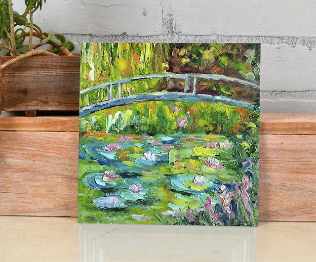 睡蓮油絵オリジナル、モネの池の風景、インパストウォールアート
