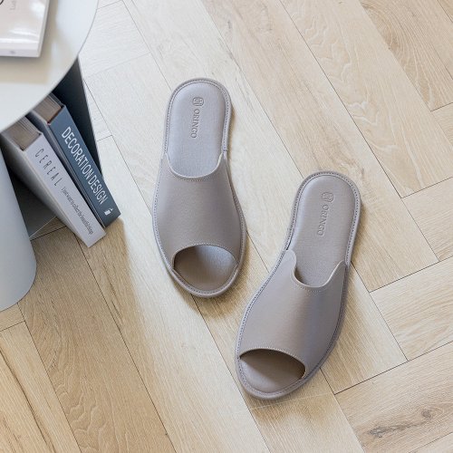 ORINGO 林果良品 【聖誕節禮物】蠟感牛皮室內開口拖鞋 暖灰 室內拖鞋 拖鞋