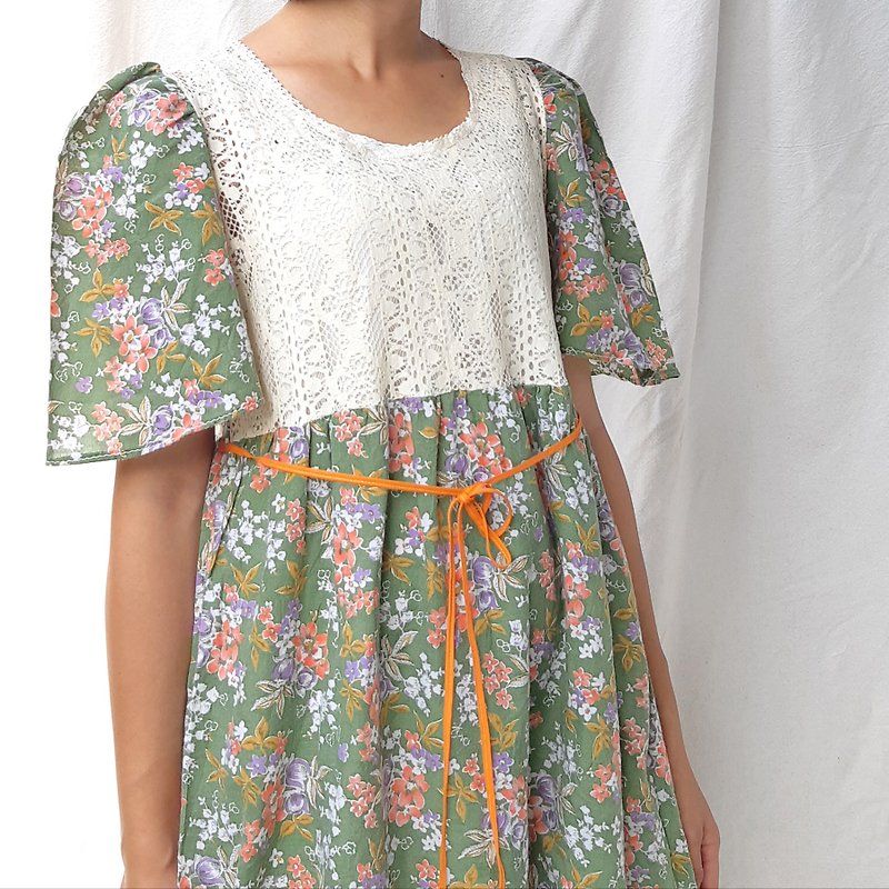 BajuTua / vintage / French green floral lace dress - ชุดเดรส - ผ้าฝ้าย/ผ้าลินิน สีเขียว