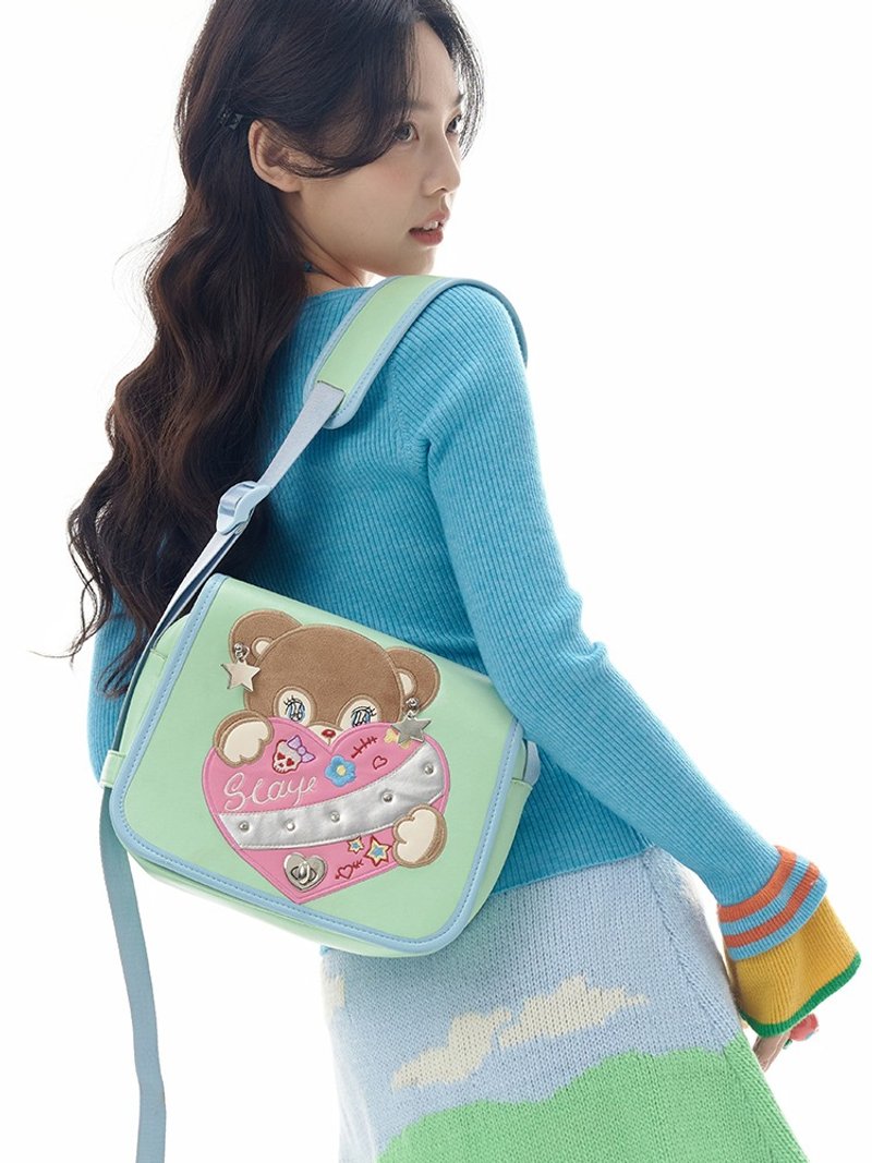 Mint Green Love Bear Square Bag Embroidered Rivet Flap Crossbody Bag - Messenger Bags & Sling Bags - Other Materials Multicolor