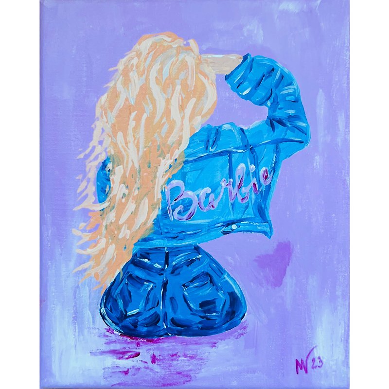 Barbie Painting Original Art Fashion Illustration Denim Jacket Hair Blonde Woman - Other - Acrylic Multicolor