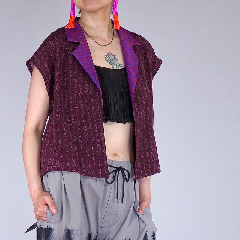 【日本製】Japan vintage Kimono remake, crop top women M-L, soft silk, - Women's Shirts - Silk Purple